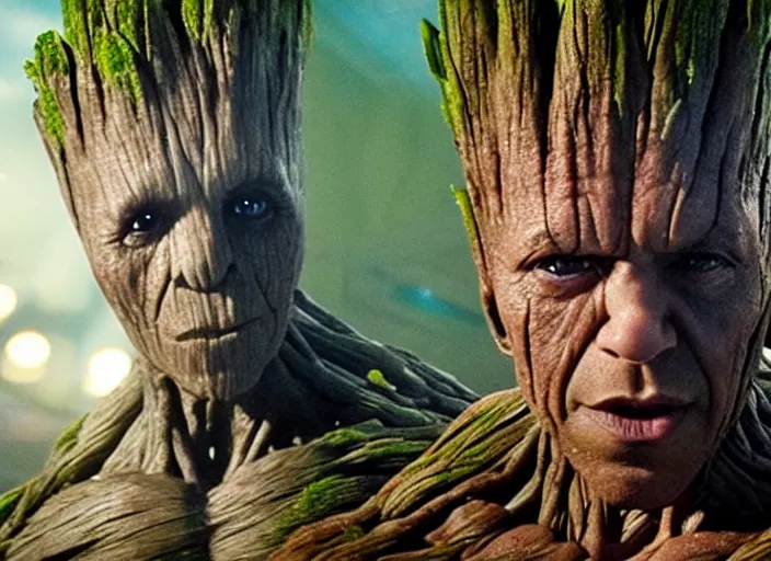 Image similar to film still of vin diesel as groot in the new guardians of the galaxy movie, 4 k, highly detailed face, detailed eyes