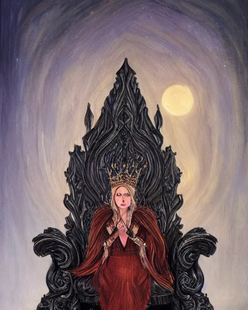 Image similar to an illustration of a queen with fair skin and dark stylises hair on a throne at night by tolkien, realistic, detailed, oil painting