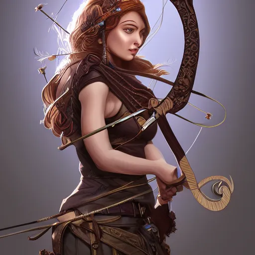 Image similar to a female archer, cute, fantasy, intricate, elegant, highly detailed, centered, digital painting, artstation, concept art, smooth, sharp focus, illustration, art by AbyssWolf