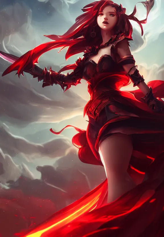 Image similar to a beautiful fierce long black haired woman wearing red dress wielding black sword posing heroically, heavenly moonlit clouds background, close up shot, league of legends style, splash art, highly detailed, vray, artstation, extremely detailed woman, stunning volumetric lighting, hyper realism, fantasy 4k