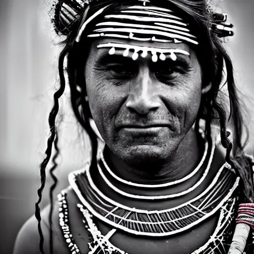 Prompt: a photograph of a very wistful man in tribal garb staring into the camera teary eyed inside an empty spaceship