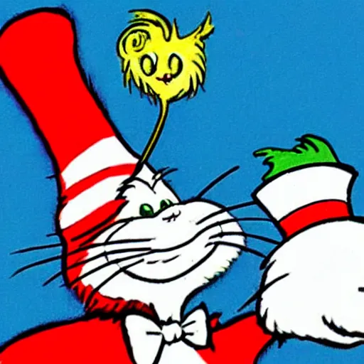 Prompt: The cat in the hat has lost his hat and became an alcoholic drawn by dr.seuss