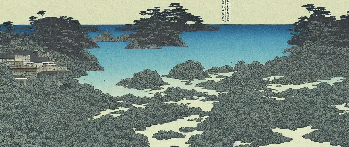 Image similar to a crumbling island in space, waterfalls, in style kawase hasui, digital art, detailed, depth of field
