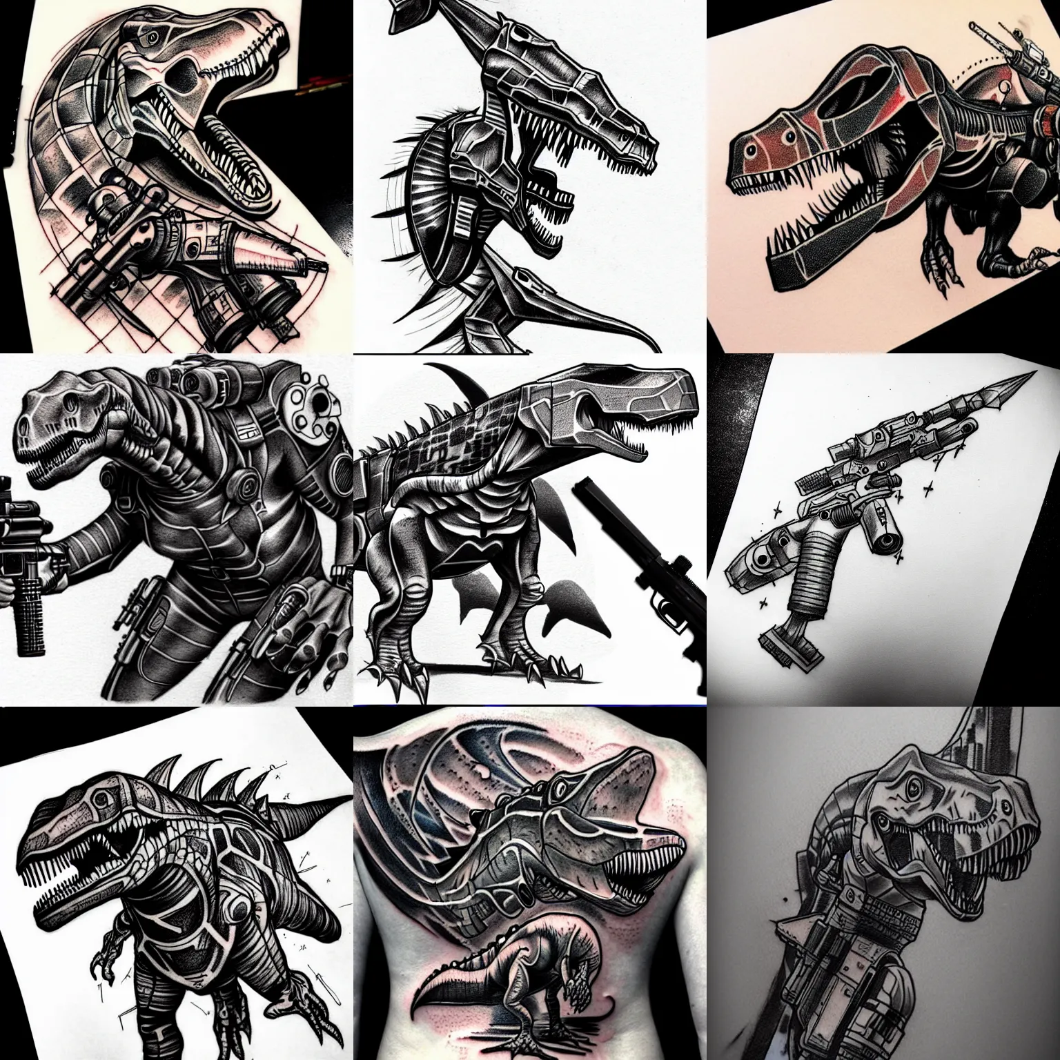 Prompt: tattoo sketch dinosaur with blaster gun sci - fi, futuristic, high detailed, cyberpunk