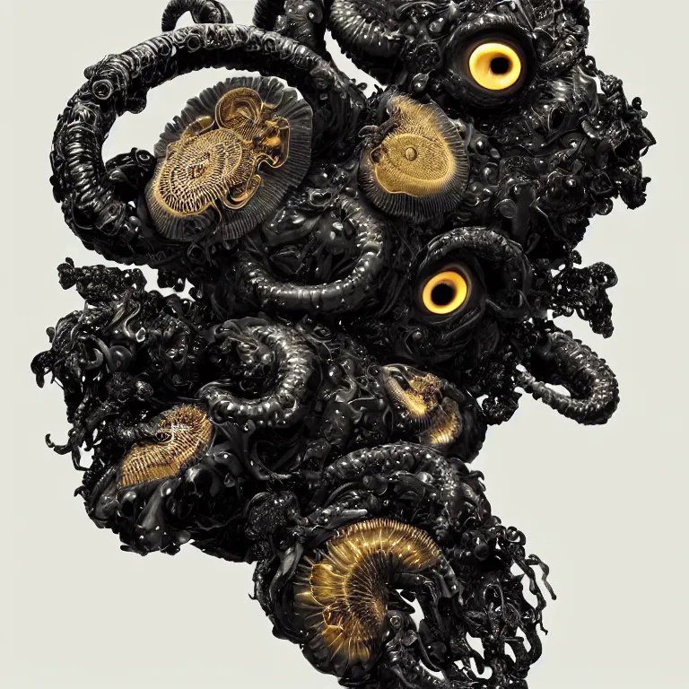 Image similar to black background. absolutely symmetrical sculpture. centered. goddess princess face close-up portrait ram skull. sculpture made of gold and black charcoal. jellyfish phoenix head, nautilus, orchid, skull, betta fish, bioluminiscent creatures, intricate artwork by Tooth Wu and wlop and beeple. octane render, trending on artstation, greg rutkowski very coherent symmetrical artwork. cinematic, hyper realism, high detail, octane render, 8k