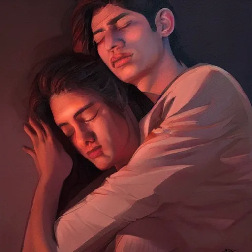 Image similar to lovers in the dark. art by salman toor. faithfully depicted facial expression, perfect anatomy, sharp focus, global illumination, radiant light, detailed and intricate environment, trending on artstation