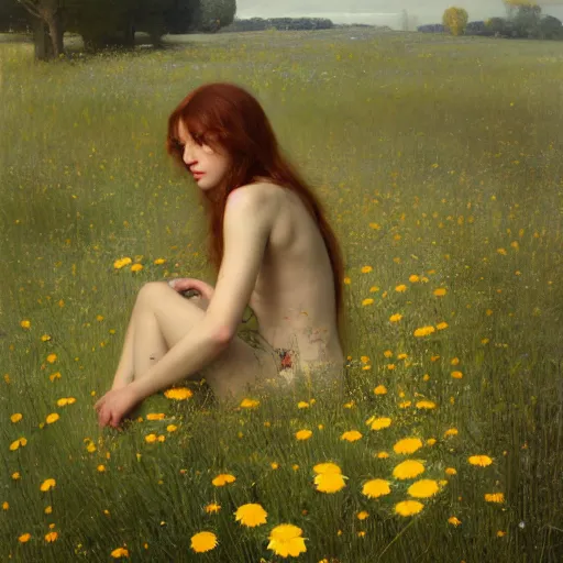 Prompt: a tiny chamomile in the meadow | highly detailed oil painting, hyperrealistic, very intrincate | cinematic lighting, award - winning | by roberto ferri, gustav klimt, william waterhouse and tom bagshaw | by austin osman spare and william blake, trending on artstation, cgsociety, official art, octane.