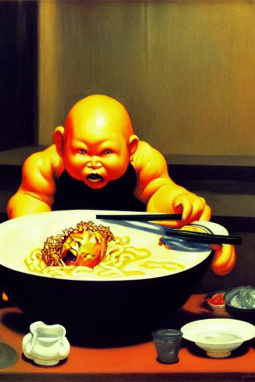 Image similar to evil human giant baby godzilla eating a huge bowl of ramen in new york city, hauntingly surreal, highly detailed painting by francis bacon, edward hopper, adrian ghenie, gerhard richter, and james jean soft light 4 k,