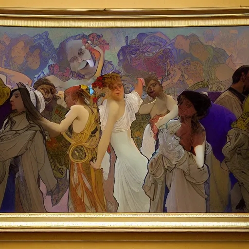 Prompt: a masterpiece painting by alfons mucha exposed at the louvre : the death of revolution