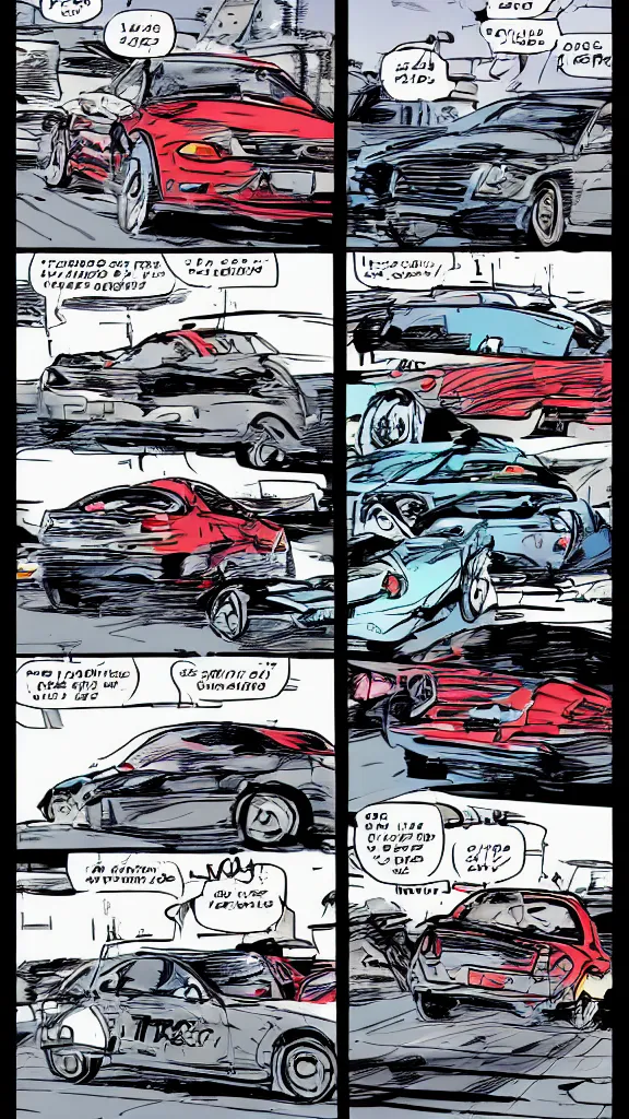 Image similar to comic book style page with three images: one of a car driving at high speed with view from far away on the highway,a second view from behind the wheel of said car, and that last one of the car crashing into a toll station