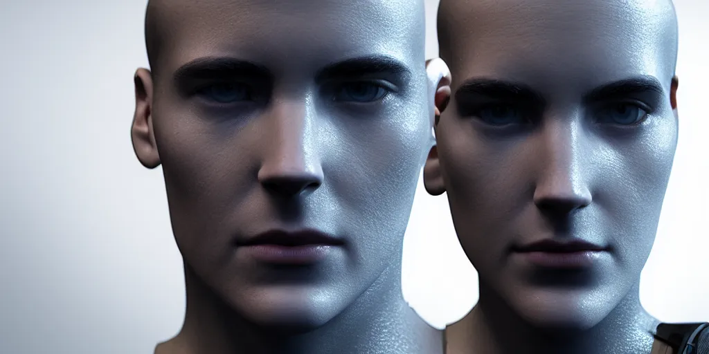 Image similar to hyper realistic symmetricial human face, ex machina, glossy material hard surface, body armour, octane render, 4 k, volumetric lights