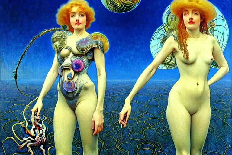 Image similar to realistic extremely detailed portrait painting of a fully dressed woman with a giant spider, futuristic sci-fi landscape on background by Jean Delville, Amano, Yves Tanguy, Alphonse Mucha, Ernst Haeckel, Edward Robert Hughes, Roger Dean, rich moody colours, blue eyes