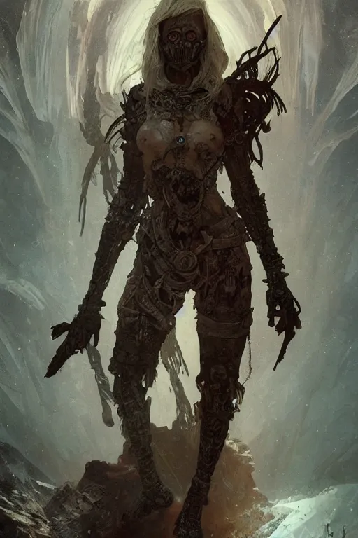 Prompt: a full body portrait of a beautiful post apocalyptic offworld nordic necromancer reposed by the magma pits, intricate, elegant, highly detailed, digital painting, artstation, concept art, smooth, sharp focus, illustration, art by krenz cushart and artem demura and alphonse mucha