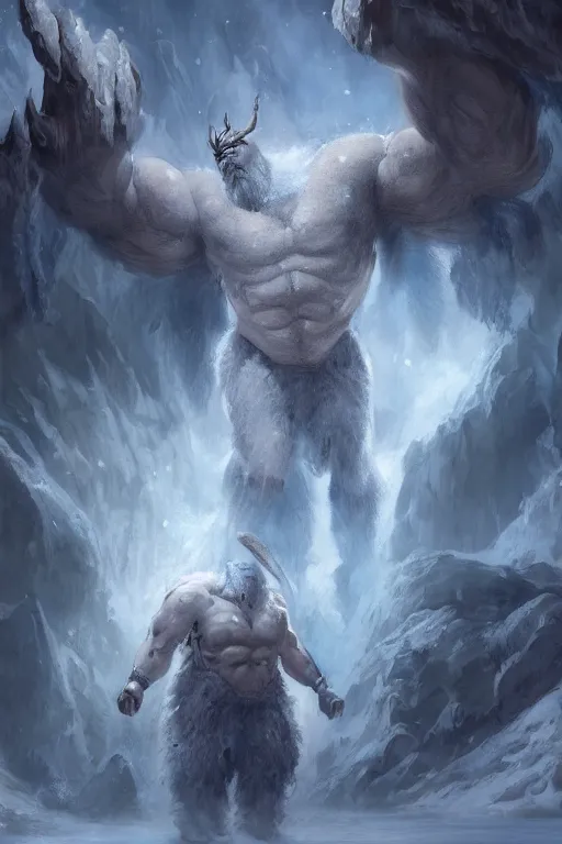 Image similar to north mythology concept art painting of ice gigant ymir the ancestor of all giants by james gurney, trending on artstation, detailed