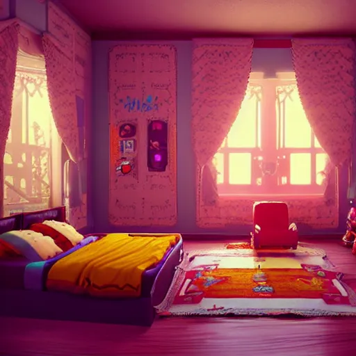 Image similar to 80s gaming kid's bedroom:: by beeple and James Gilleard and Justin Gerard :: ornate, dynamic, particulate, intricate, elegant, highly detailed, centered, artstation, smooth, sharp focus, octane render, 3d