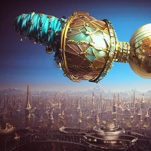 Image similar to enormous flying city in a faberge egg, sky, steampunk, fantasy art, masterpiece, octane render