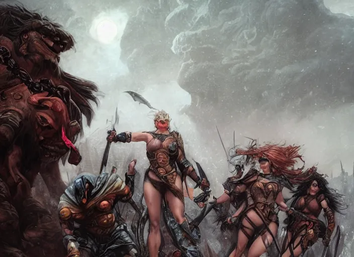 Image similar to giant darkseid attacking an encampment of amazon female beautiful goth warriors during a blizzard, highly detailed, digital illustration, artstation, concept art, matte, sharp focus, illustration, dramatic, full moon, art by artgerm and greg rutkowski and alphonse mucha