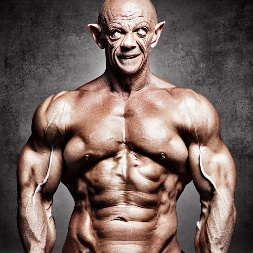 Image similar to bodybuilder gollum, 4 k, high detail, high - resolution photograph, professional photography, ultra - detail