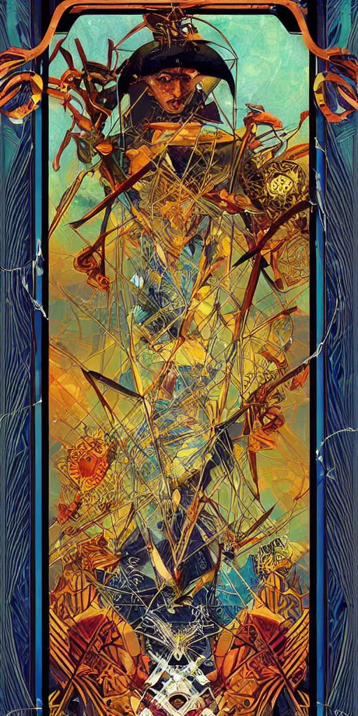 Image similar to a tarot card with an art deco boarder, by android jones