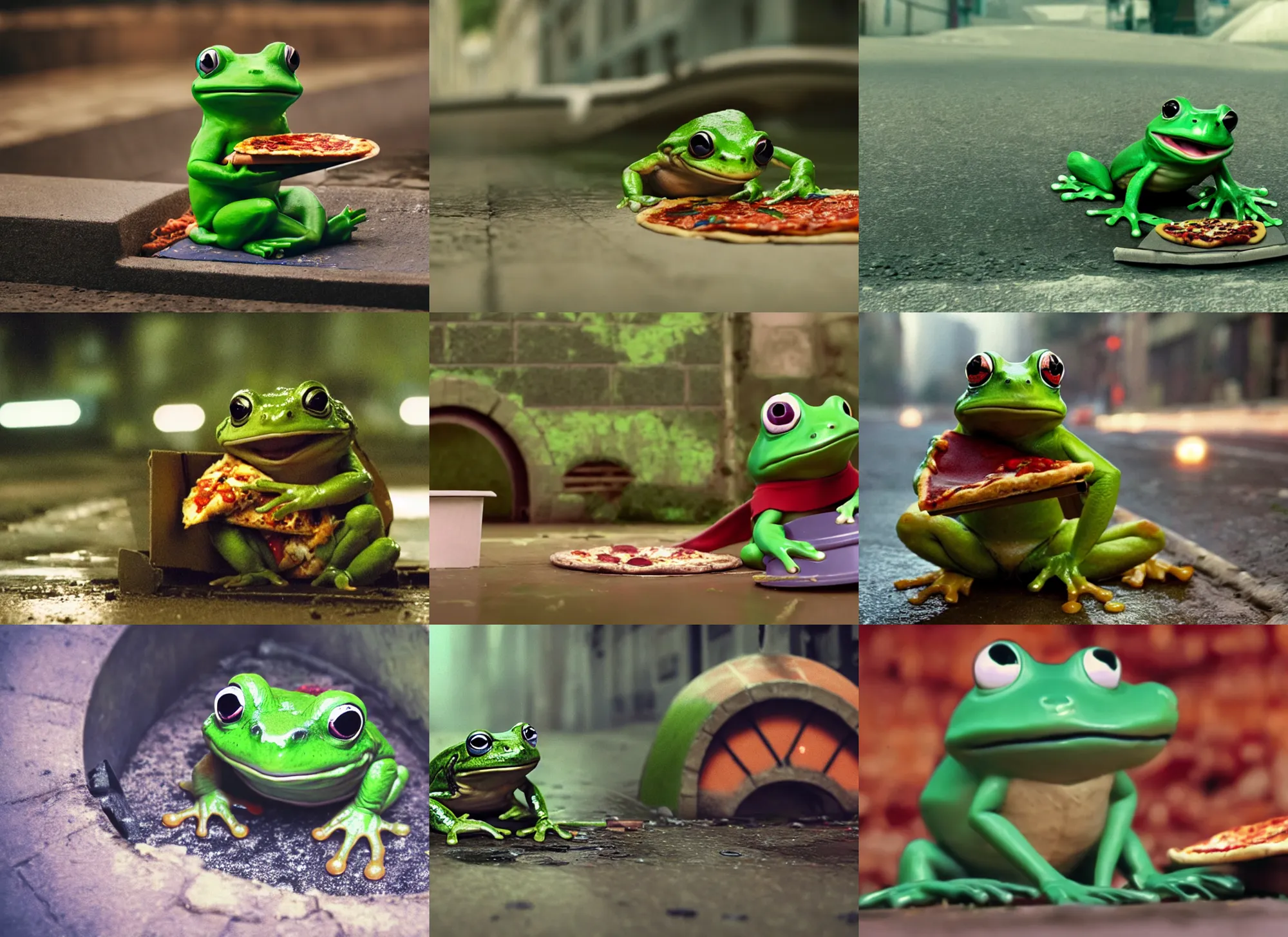 Prompt: film still of cute ninja frog sitting in a sewer eating pizza, film still bokeh blur overcast backlighting kodak film from the movie ninja turtles, 4 k