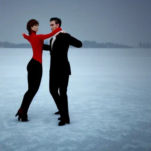 Prompt: a beautiful couple dancing tango in a frozen lake by Aurore Folny, girl wears a red dress, man wear black suit, trending Artstation, snow weather, iconic tango pose, illustration, drama , octane render