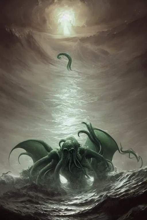 Prompt: cthulhu, ocean, storm, digital art, magic the gathering, mtg, by greg rutkowski, trending on artstation