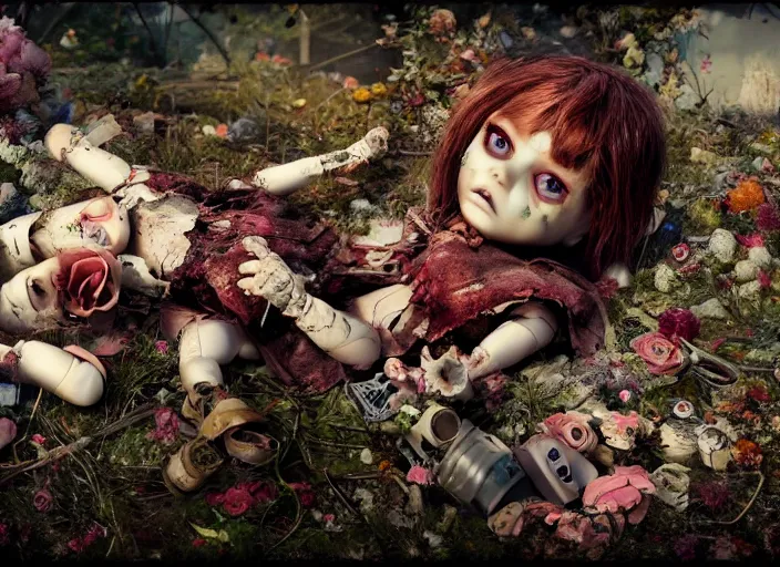 Prompt: broken toy doll with human face, a lot of dead flowers, junkyard, high details, cinematic, 8 k resolution, beautiful detailed, insanely intricate details, hyperrealism, artstation trending, octane render, unreal engine