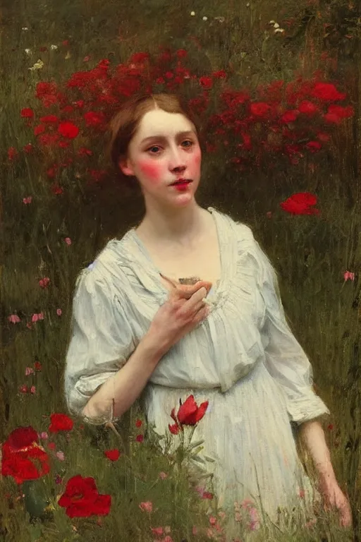 Image similar to Solomon Joseph Solomon and Richard Schmid and Jeremy Lipking victorian genre painting portrait painting of an elegant slim young cottagecore girl in an open field of flowers, red background