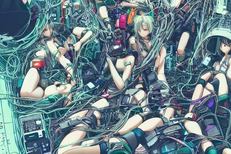 Prompt: cyberpunk anime illustration of a group of female androids lying on an empty white floor in various poses with their bodies open showing a tangled mess of wires and cables coming out, by katsuhiro otomo and masamune shirow, hyper-detailed, colorful, beautiful, bird view