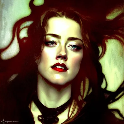 Image similar to hyperrealistic portrait of a woman as amber heard as a vampire witch in a black coat closing a window with a mysterious grin. by jeremy mann and alphonse mucha, fantasy art, photo realistic, dynamic lighting, artstation, poster, volumetric lighting, very detailed faces, 4 k, award winning