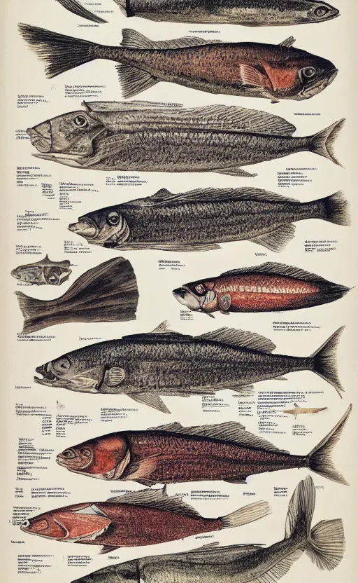 Image similar to a page of fish anatomy atlas, 1 9 0 0 s, highly detailed