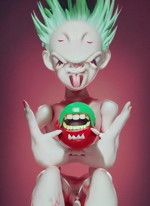 Prompt: a dramatic hyperrealistic pop surrealist oil panting of an enraged grotesque kawaii vocaloid figurine caricature screaming red in the face lunging with popping veins featured on akira by sony pictures animation made of madballs