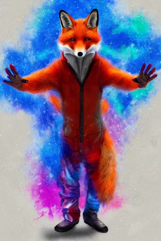 Image similar to a humanoid fox wearing scientist's clothes and doing experiments with colorful chemicals, digital painting, masterpiece, digital art, high quality, highly detailed, concept art, trending on deviantart, high coherence, anatomically correct, five fingers, cinematic, high definition, path traced