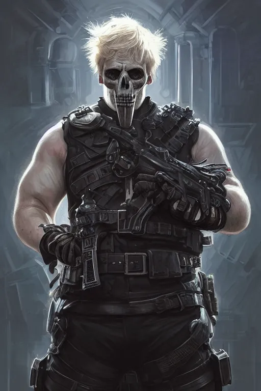 Prompt: Boris Johnson as Punisher, armor plate with skull image, realistic portrait, highly detailed, digital painting, artstation, concept art, smooth, sharp focus, illustration, cinematic lighting, art by artgerm and greg rutkowski and alphonse mucha