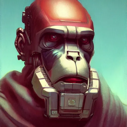 Prompt: an cyberpunk ape philosopher deep in thought, medium shot, oil on canvas, no noise, elegant, concept art, sharp focus, beautiful face!!, smooth defined outlines!!, by Brom, trending on Artstation, Tom Bagshaw, Sargent