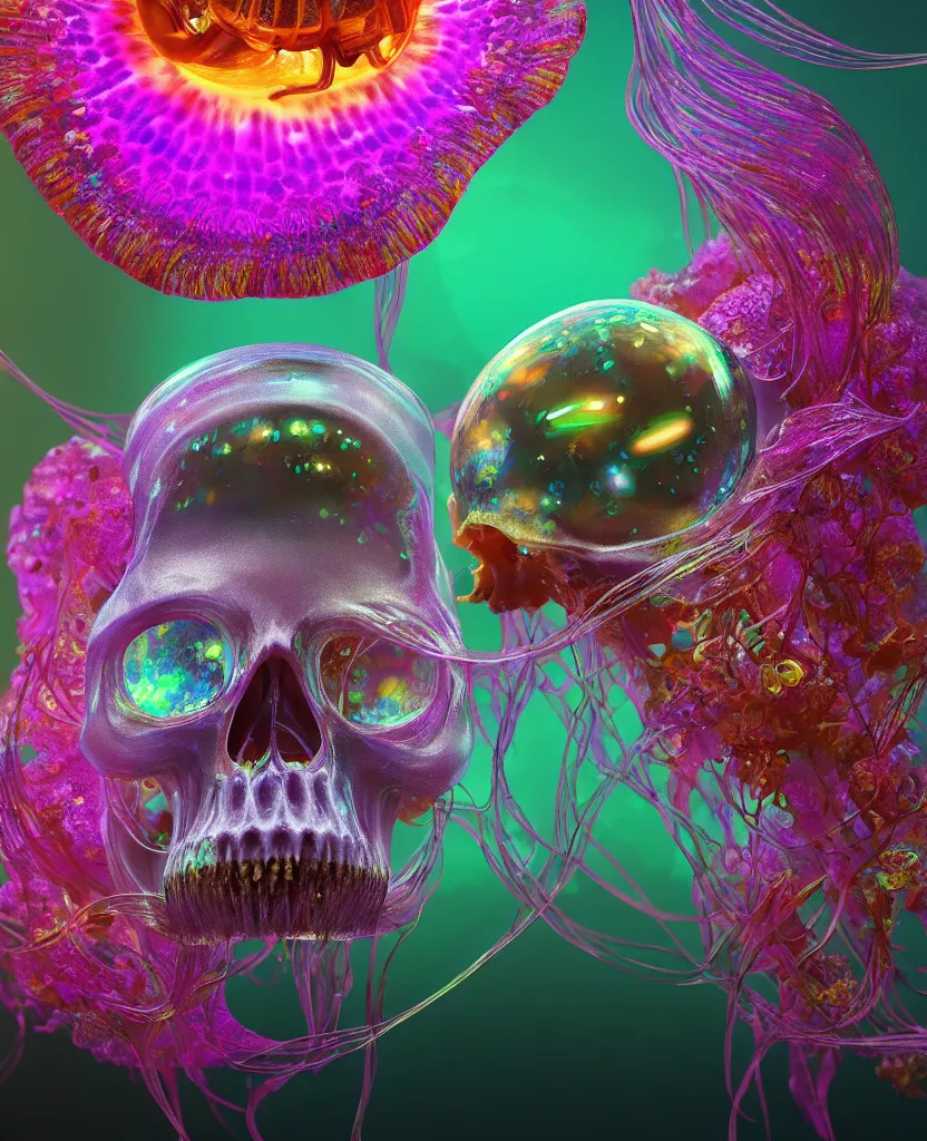 Image similar to close-up portrait of skull dichroic orchid jellyfish skull, betta fish, bioluminiscent creatures, intricate artwork by Tooth Wu and wlop and beeple. octane render, trending on artstation, greg rutkowski very coherent symmetrical artwork. cinematic, hyper realism, high detail, octane render, 8k