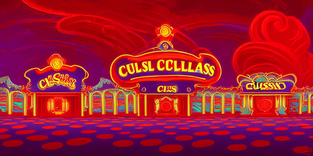 Prompt: curled perspective digital art of curly clouds casino entrance with luxurious red carpet by anton fadeev from nightmare before christmas