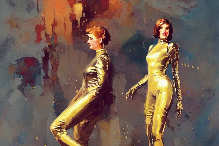 Image similar to pulp scifi fantasy illustration full body portrait of elegant woman wearing latex spacesuit, by norman rockwell, jack kirby, bergey, craig mullins, ruan jia, jeremy mann, tom lovell