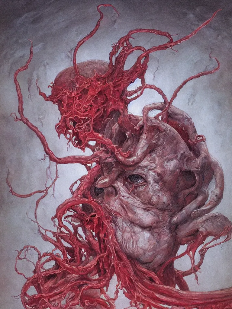 Image similar to painting by wayne barlowe of a flying sorrowful looking severed human head with tears running down it's eyes, face that is chalk white in color, with long sprawling white tentacles stemming down it's neck, fiery scorching red eyes, flying in a terrying hellish dark cavernous place