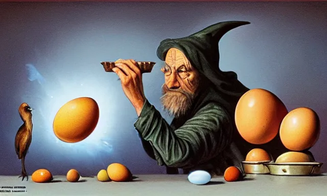 Image similar to Pensive Wizard examines eggs with calipers, by Alex Horley