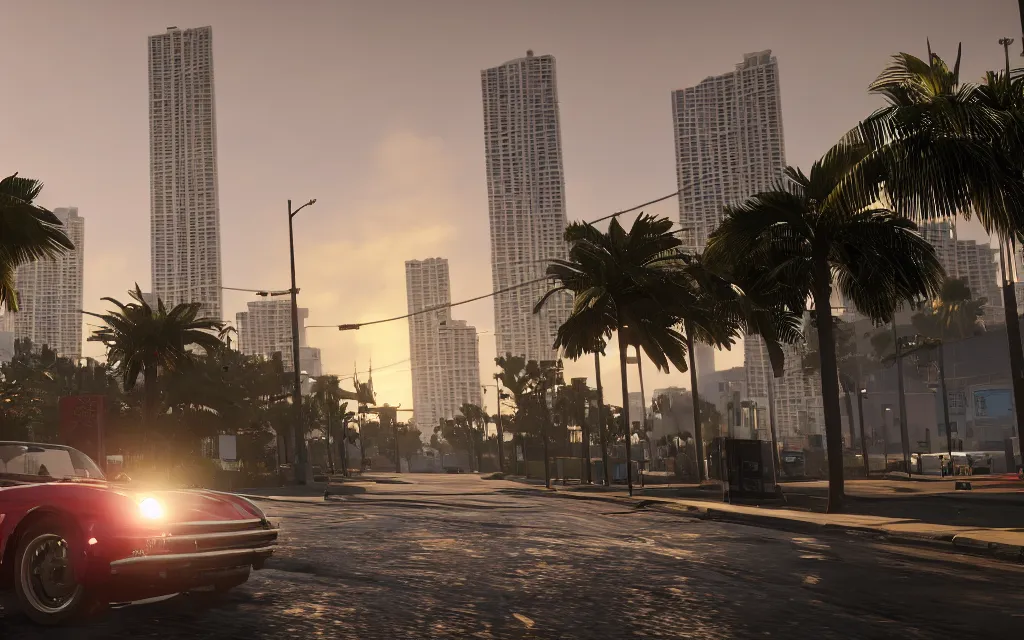 Prompt: still next - gen ps 5 game grand theft auto 6 2 0 2 4 remaster, graphics mods, rain, red sunset, people, rtx reflections, gta vi, miami, palms and miami buildings, photorealistic screenshot, unreal engine 5, 4 k, 5 0 mm bokeh, gta vice city remastered, artstation