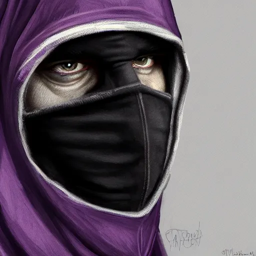 Image similar to ultra realistic illustration, man in a black hood, in a striped purple balaclava, mysterious, highly detailed, digital painting, artstation, concept art, smooth, sharp focus, illustration