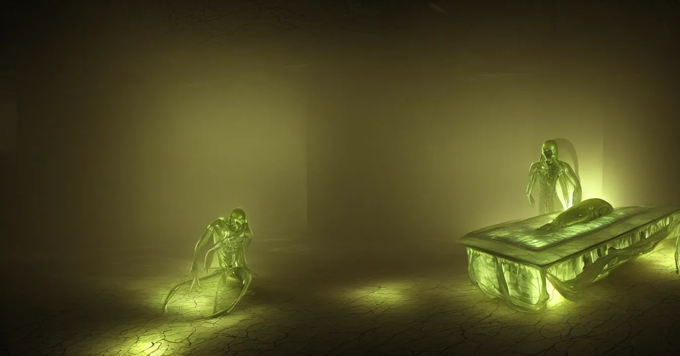 Prompt: translucent aliens bend over the translucent coffin with dead translucent alien, in dark reflective church,, volumetric light, dark atmosphere, dramatic view, depth, defocus, strong ambient occlusion, raytracing, raymarching, from movie by ilm, digital domain, weta digital