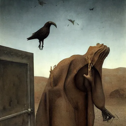 Image similar to Exterior Desert Oasis dessicated physique demonic crow wearing a man costume giorgio de chirico Jan Van eyck bastien lecouffe-deharme odd nerdrum dragan bibin john steuart curry dan witz