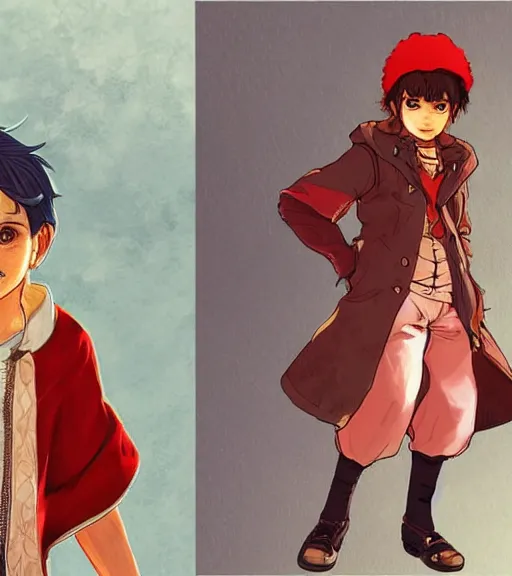 Image similar to attractive little boy character inspired in little red riding hood and narancia from jojo, digital artwork made by akihiko yoshida and makoto shinkai