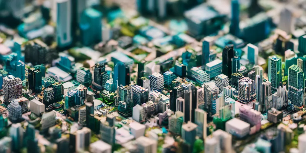 Image similar to macro photo of a miniature vaporwave city, canon 8 0 d, canon 1 0 0 mm f / 2. 8, 4 k,