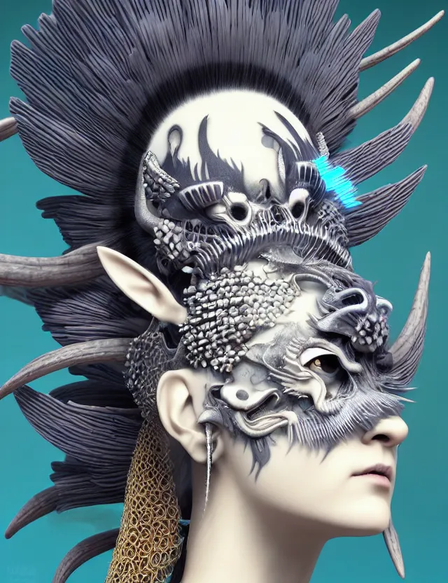 Image similar to 3 d goddess close - up profile simple portrait punk with mohawk with goat skull. beautiful intricately detailed japanese crow kitsune mask and clasical japanese kimono. betta fish, jellyfish phoenix, bio luminescent, plasma, ice, water, wind, creature, artwork by tooth wu and wlop and beeple and greg rutkowski