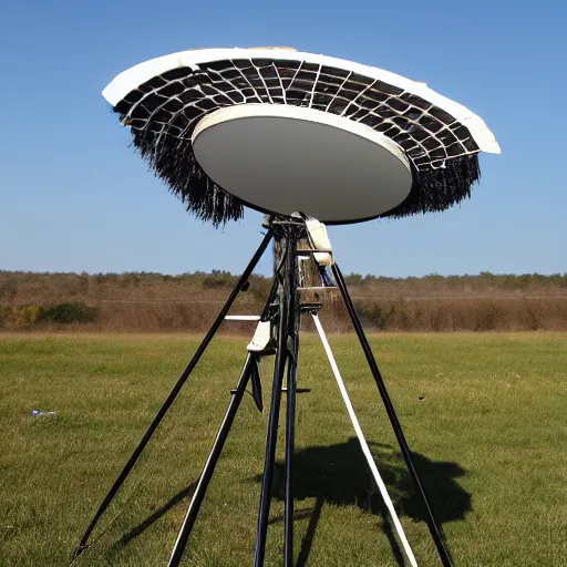 Image similar to complicated diy radio telescope scanner device made of brooms and lids and pans and duct tape and wires and lenses and cables and wires and electronics