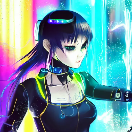 Image similar to full body!!!, colorful reflective eyes, full round face!, digital cyberpunk anime!!, shattered cyborg - girl in the style of arcane!!!, lightning, raining!!, water refractions!!, black long hair!, biomechanical details, neon background lighting, reflections, wlop, ilya kuvshinov, artgerm