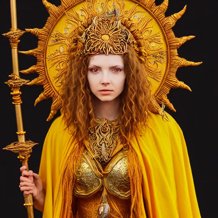 Prompt: photograph of a real-life beautiful sun witch with ornate yellow robes and staff. Extremely detailed. 8k
